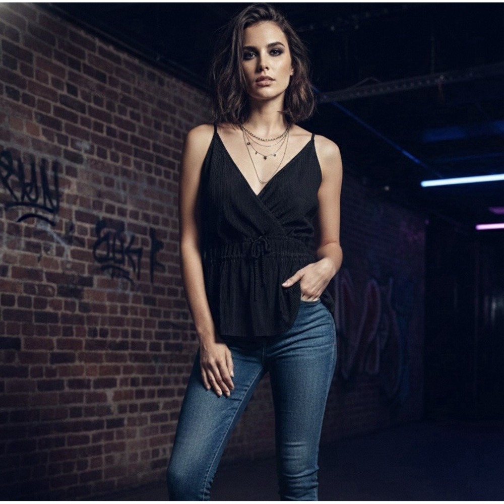 🤑Abercrombie & Fitch 🖤 Pleated Satin Ribbed V-Neck Cami Tank Top Boho whimsy-s